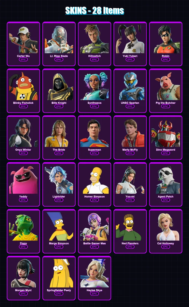 [PC/PSN] | Carter Wu | Lt. Ripp Slade | Killswitch | Yuki Yubari | Robin | 28 skin | 58 pickaxe | 36 emote | 37 glider | Lv369