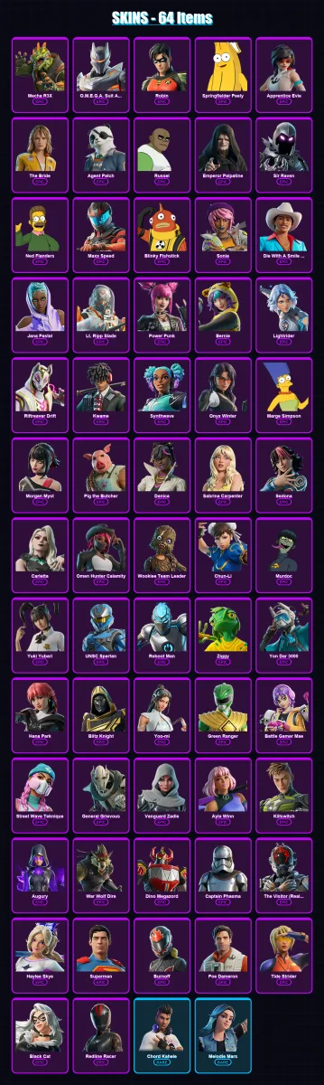 [PC/PSN] | Mecha R3X | O.M.E.G.A. Suit Alpha | Robin | Springfielder Peely | Apprentice Evie | 64 skin | 107 pickaxe | 71 emote | 57 glider | Lv863