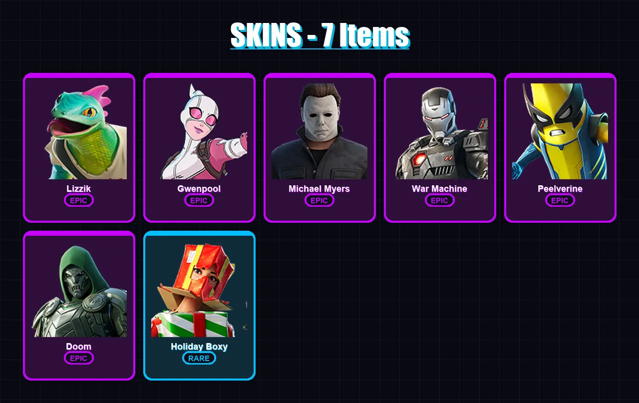 [PC/PSN] | Lizzik | Gwenpool | Michael Myers | War Machine | Peelverine | 7 skin | 22 pickaxe | 11 emote | 17 glider | Lv180