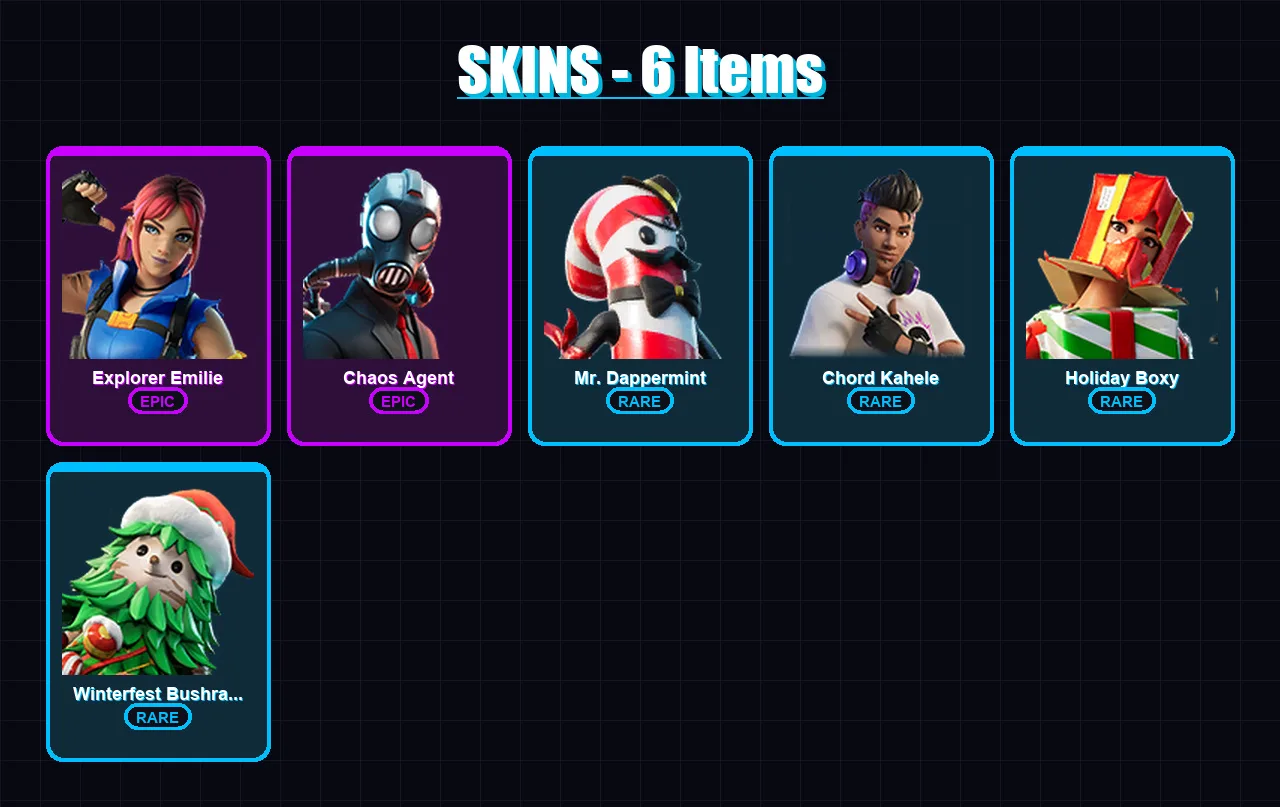 [PC/PSN] | Explorer Emilie | Chaos Agent | Mr. Dappermint | Chord Kahele | Holiday Boxy | 6 skin | 22 pickaxe | 9 emote | 16 glider | Lv198