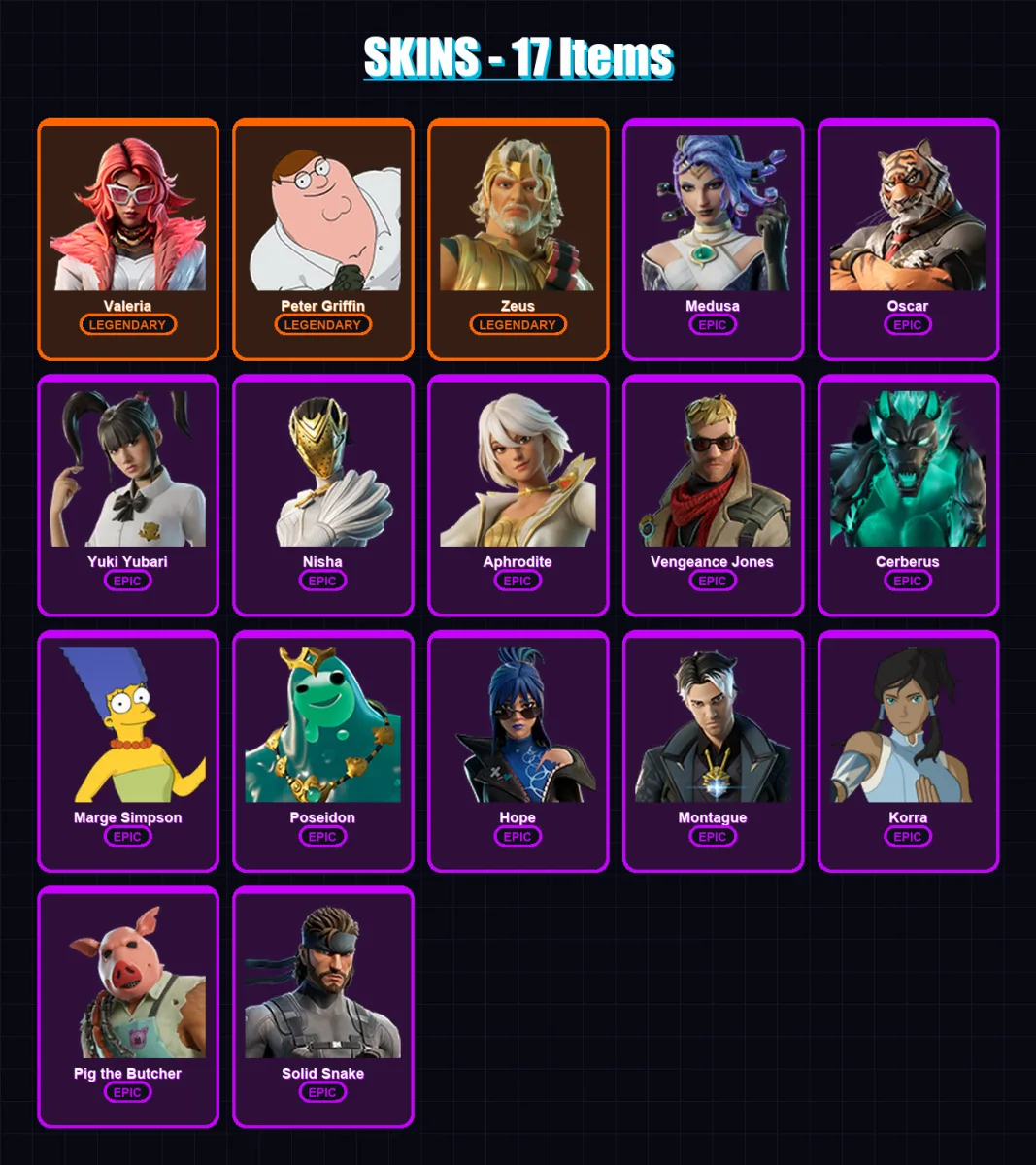 [PC/PSN] | Valeria | Peter Griffin | Zeus | Medusa | Oscar | 17 skin | 35 pickaxe | 25 emote | 28 glider | Lv379