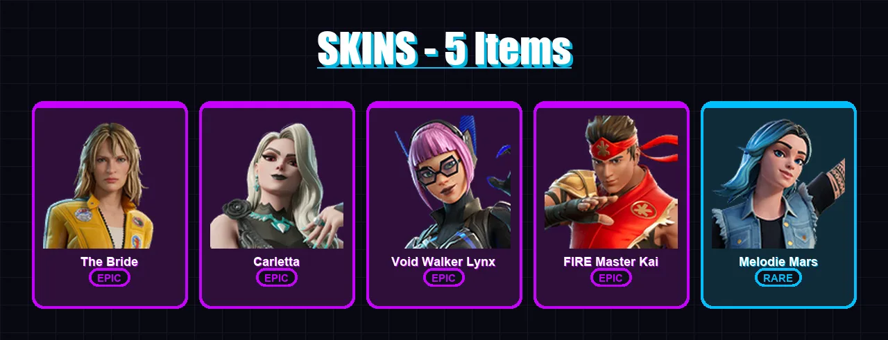 [PC/PSN] | The Bride | Carletta | Void Walker Lynx | FIRE Master Kai | Melodie Mars | 5 skin | 2 pickaxe | 1 emote | 1 glider | Lv2