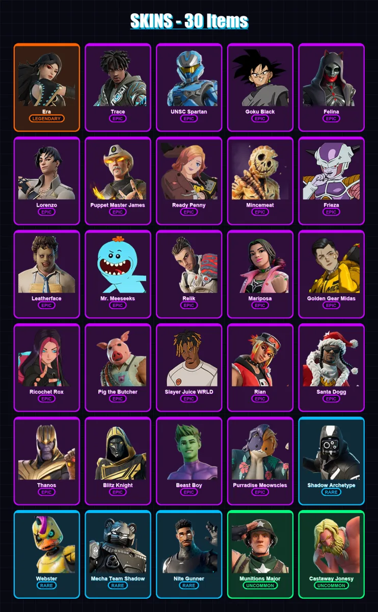 [PS4/PS5/XBOX/PC] | Era | Trace | UNSC Spartan | Goku Black | Felina | 30 skin | 90 pickaxe | 47 emote | 59 glider | Lv1466