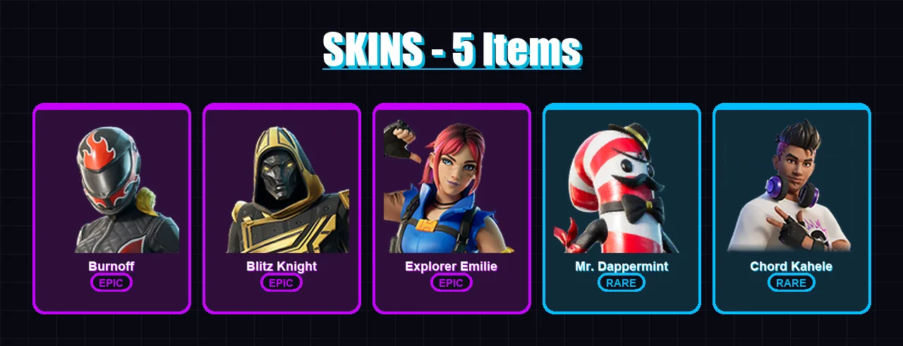 [PC/XBOX/PSN] | Burnoff | Blitz Knight | Explorer Emilie | Mr. Dappermint | Chord Kahele | 5 skin | 16 pickaxe | 6 emote | 10 glider | Lv111