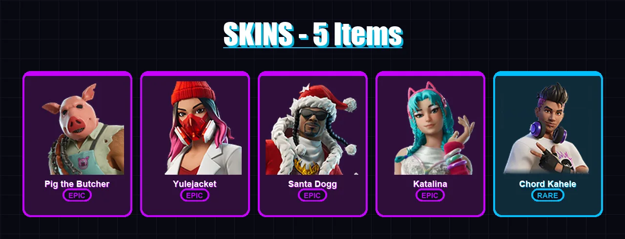 [PC/XBOX/PSN] | Pig the Butcher | Yulejacket | Santa Dogg | Katalina | Chord Kahele | 5 skin | 18 pickaxe | 7 emote | 15 glider | Lv145
