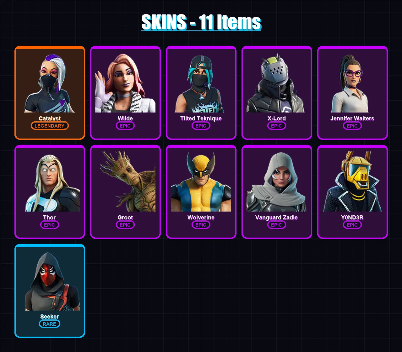 [PC/PSN] | Catalyst | Wilde | Tilted Teknique | X-Lord | Jennifer Walters | 11 skin | 30 pickaxe | 23 emote | 26 glider | Lv417