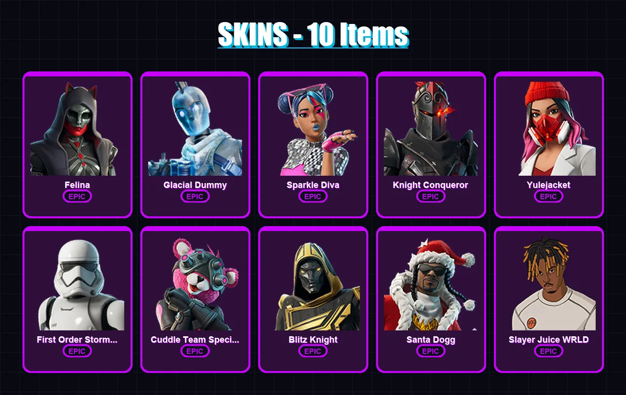 [SWITCH/XBOX/PC] | Felina | Glacial Dummy | Sparkle Diva | Knight Conqueror | Yulejacket | 10 skin | 37 pickaxe | 15 emote | 24 glider | Lv350