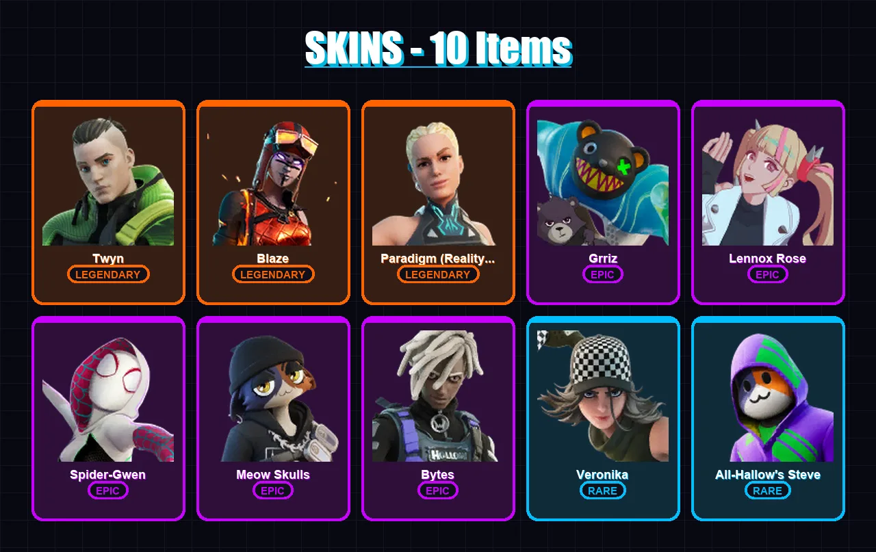[PC/PSN] | Twyn | Blaze | Paradigm (Reality-659) | Grriz | Lennox Rose | 10 skin | 22 pickaxe | 15 emote | 27 glider | Lv406
