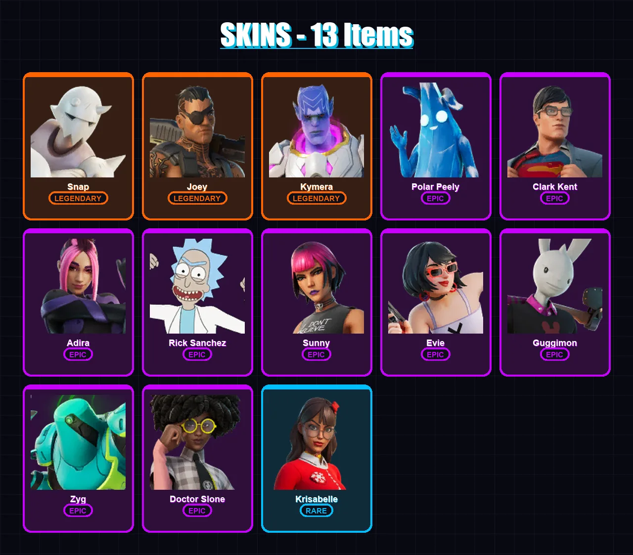 [PC/PSN] | Snap | Joey | Kymera | Polar Peely | Clark Kent | 13 skin | 19 pickaxe | 19 emote | 22 glider | Lv306 — Fortnite account