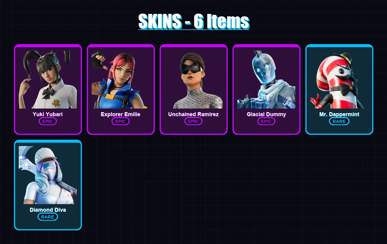 [PC/XBOX/PSN] | Yuki Yubari | Explorer Emilie | Unchained Ramirez | Glacial Dummy | Mr. Dappermint | 6 skin | 18 pickaxe | 6 emote | 14 glider | Lv1