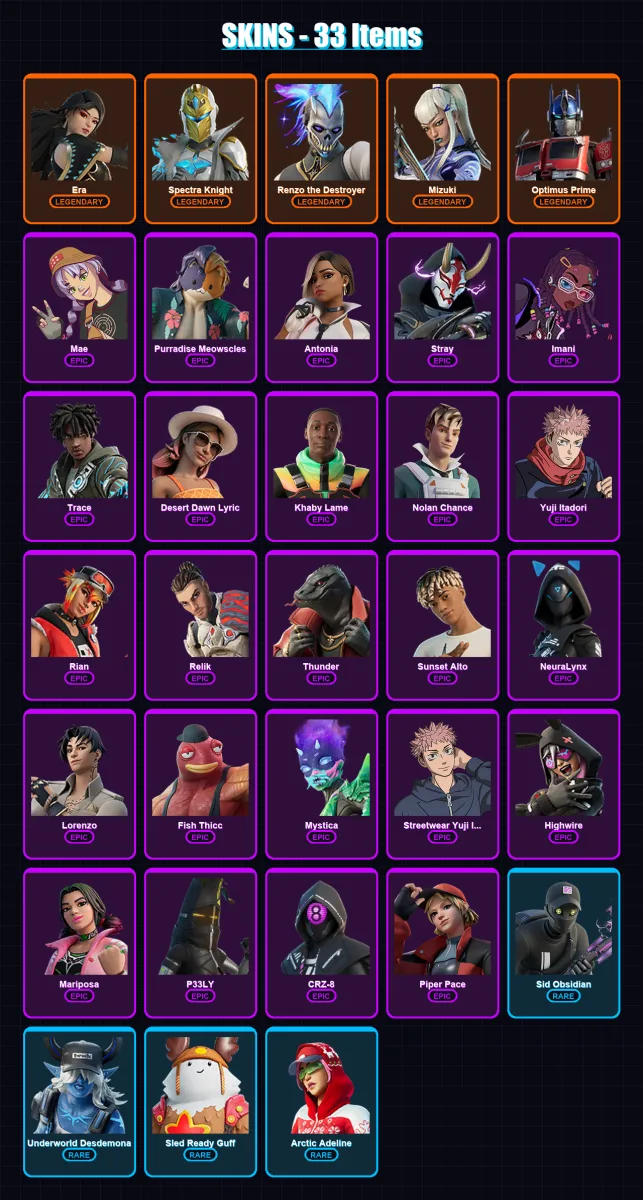 [PC/XBOX/PSN] | Era | Spectra Knight | Renzo the Destroyer | Mizuki | Optimus Prime | 33 skin | 39 pickaxe | 31 emote | 28 glider | Lv343