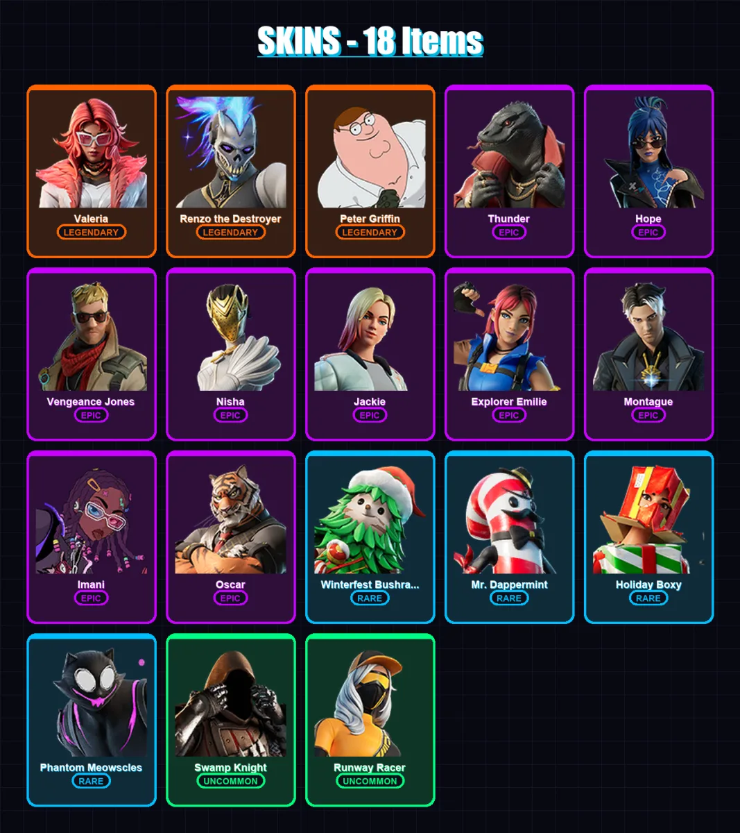 [PC/XBOX/PSN] | Valeria | Renzo the Destroyer | Peter Griffin | Thunder | Hope | 18 skin | 34 pickaxe | 13 emote | 32 glider | Lv417