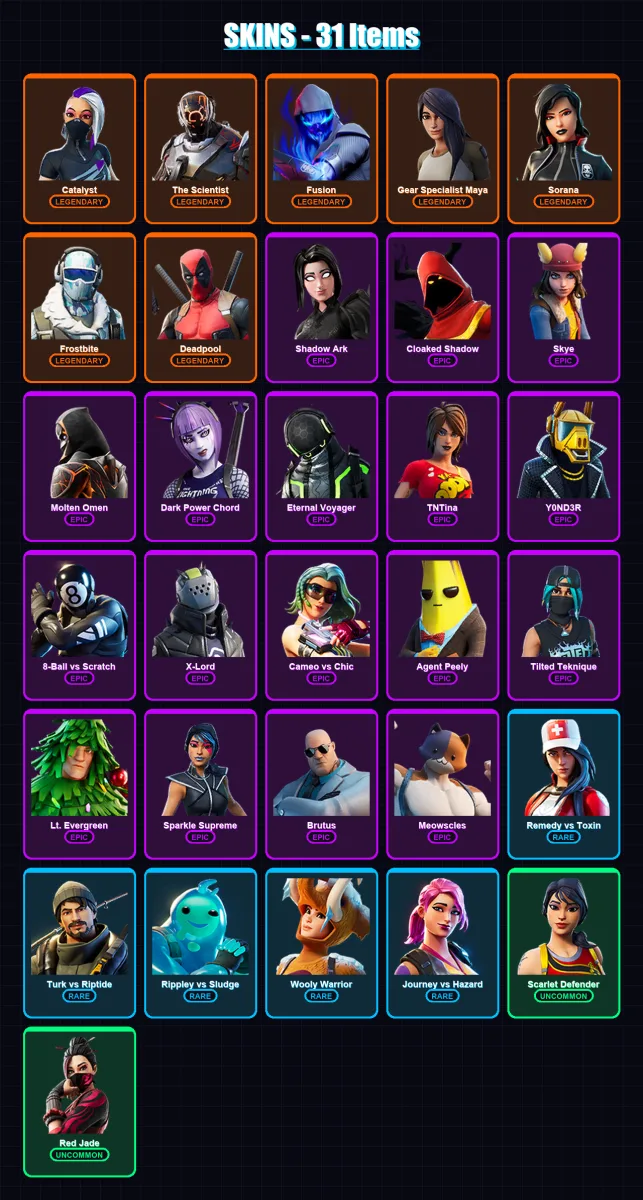 [PC/XBOX/PSN] | Catalyst | The Scientist | Fusion | Gear Specialist Maya | Sorana | 31 skin | 38 pickaxe | 44 emote | 39 glider | Lv524