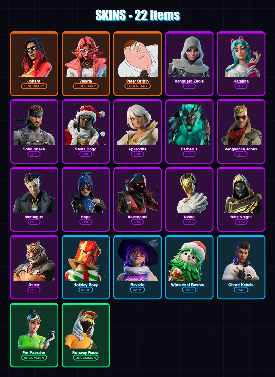 [PC/XBOX/PSN] | Joltara | Valeria | Peter Griffin | Vanguard Zadie | Katalina | 22 skin | 41 pickaxe | 24 emote | 29 glider | Lv383