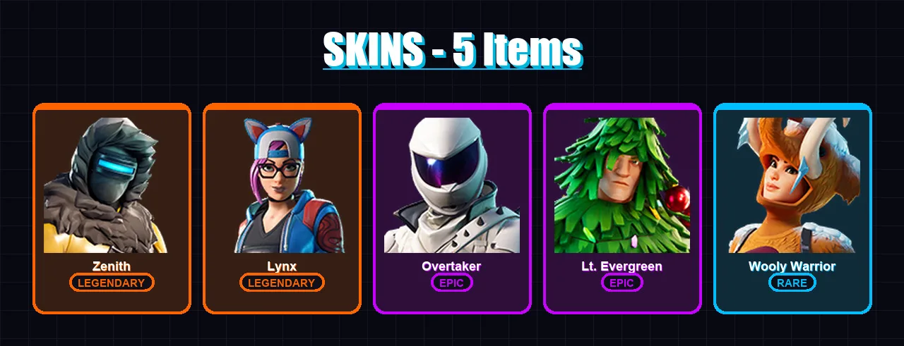 [PC/XBOX/PSN] | Zenith | Lynx | Overtaker | Lt. Evergreen | Wooly Warrior | 5 skin | 12 pickaxe | 17 emote | 18 glider | Lv262