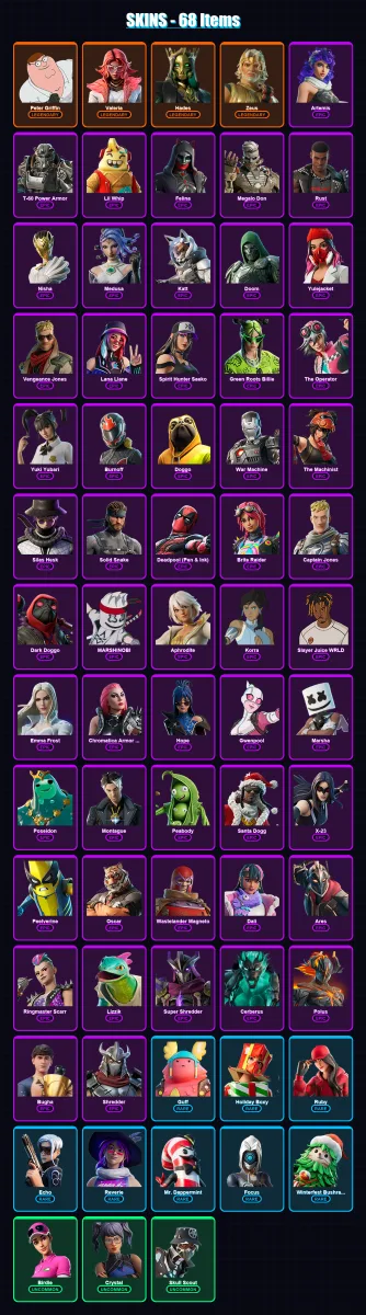 [PS4/PS5/XBOX/PC] | Peter Griffin | Valeria | Hades | Zeus | Artemis | 68 skin | 89 pickaxe | 62 emote | 53 glider | Lv669