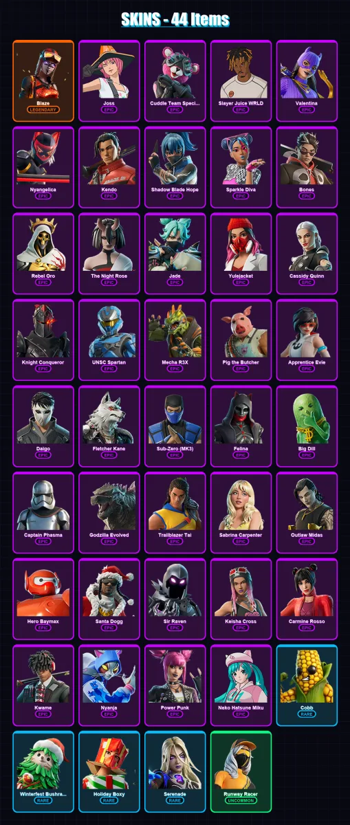 [PC/XBOX/PSN] | Blaze | Joss | Cuddle Team Specialist | Slayer Juice WRLD | Valentina | 44 skin | 106 pickaxe | 62 emote | 76 glider | Lv1301