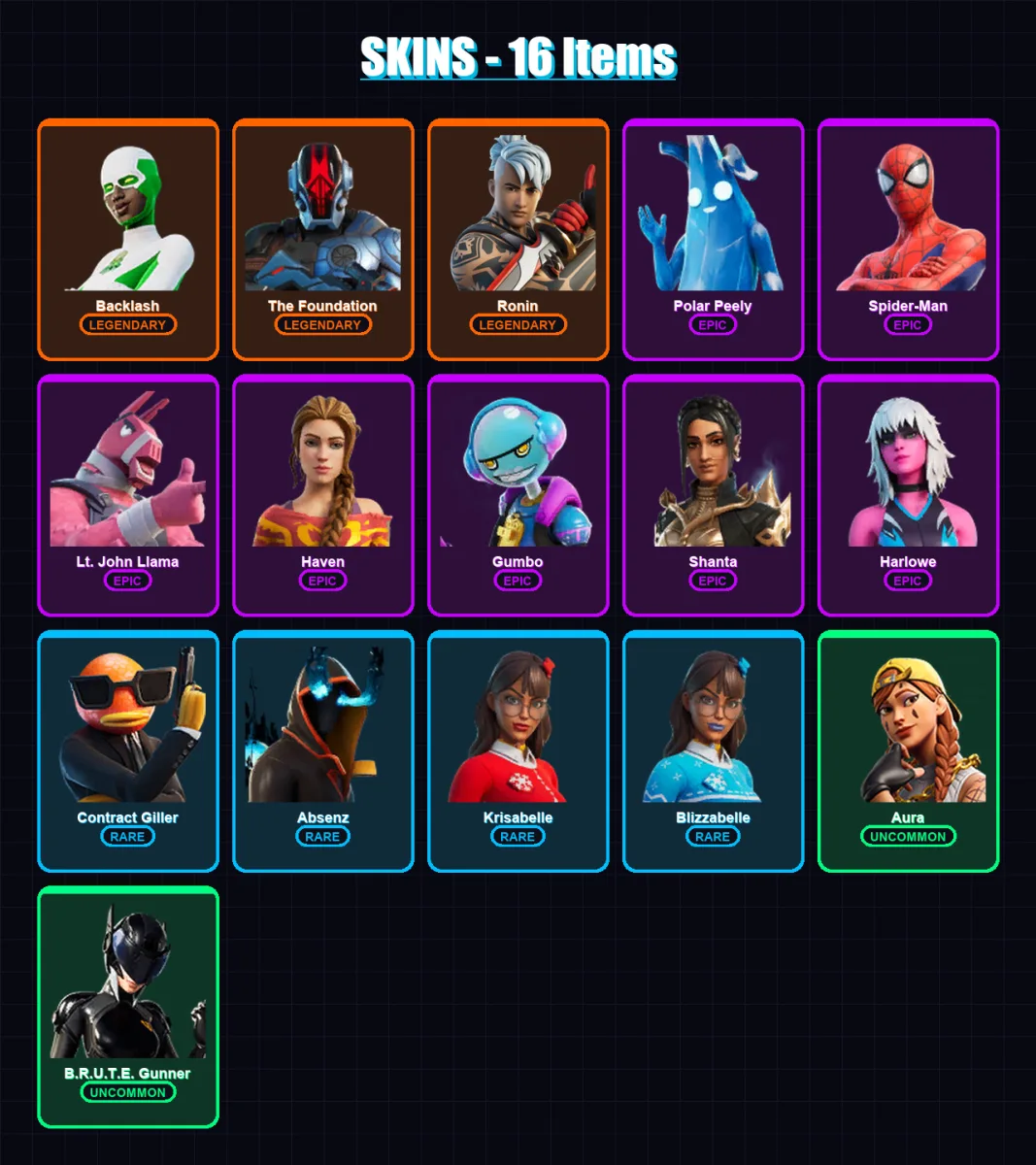 [PC/XBOX/PSN] | Backlash | The Foundation | Ronin | Polar Peely | Spider-Man | 16 skin | 21 pickaxe | 16 emote | 17 glider | Lv461