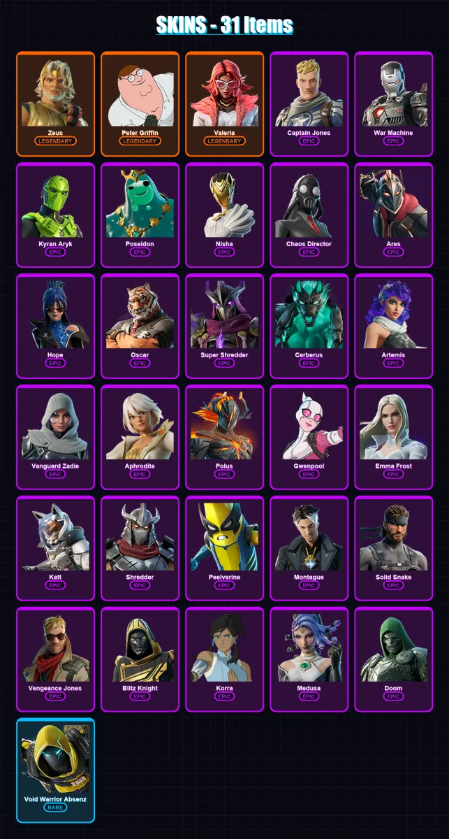 [PC/XBOX/PSN] | Zeus | Peter Griffin | Valeria | Captain Jones | War Machine | 31 skin | 60 pickaxe | 31 emote | 35 glider | Lv452