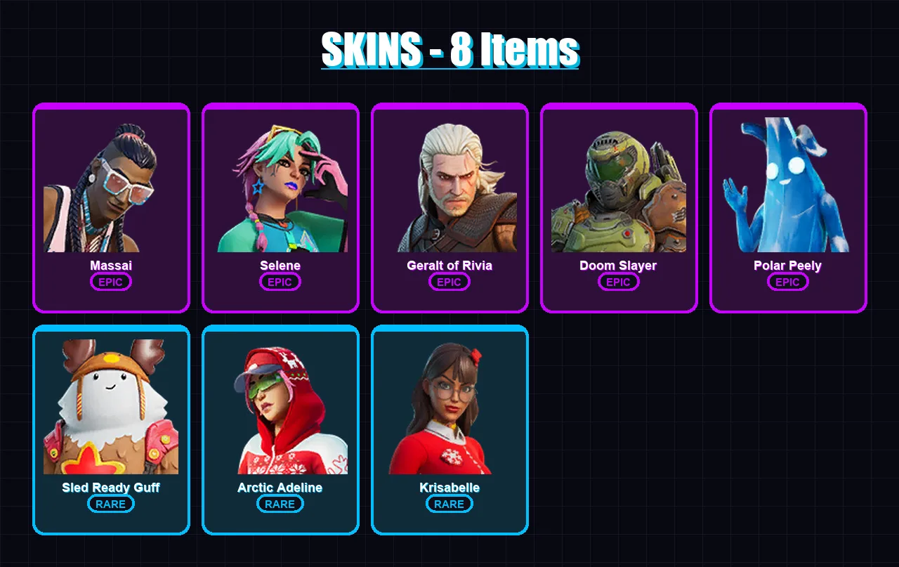 [PS4/PS5/PC] | Massai | Selene | Geralt of Rivia | Doom Slayer | Polar Peely | 8 skin | 21 pickaxe | 17 emote | 25 glider | Lv331