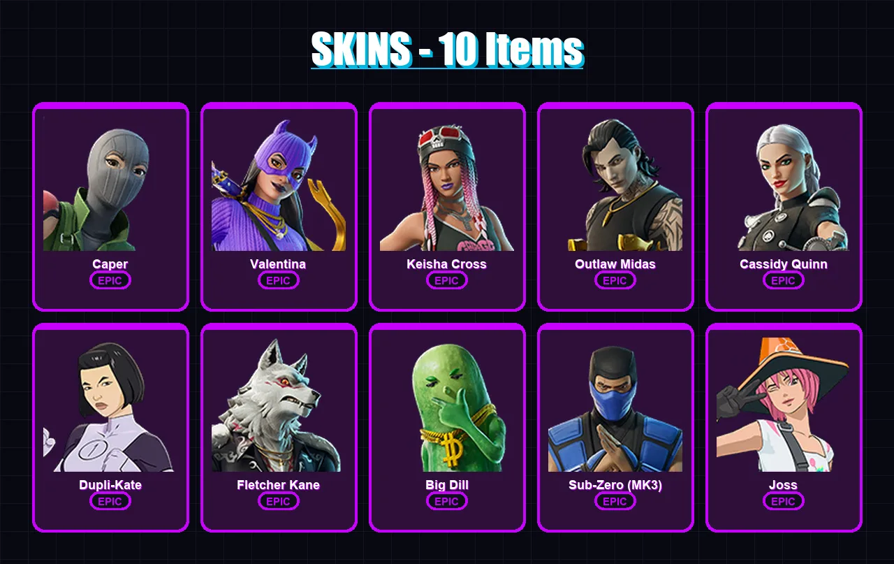 [PC/XBOX/PSN] | Caper | Valentina | Keisha Cross | Outlaw Midas | Cassidy Quinn | 10 skin | 27 pickaxe | 13 emote | 20 glider | Lv234