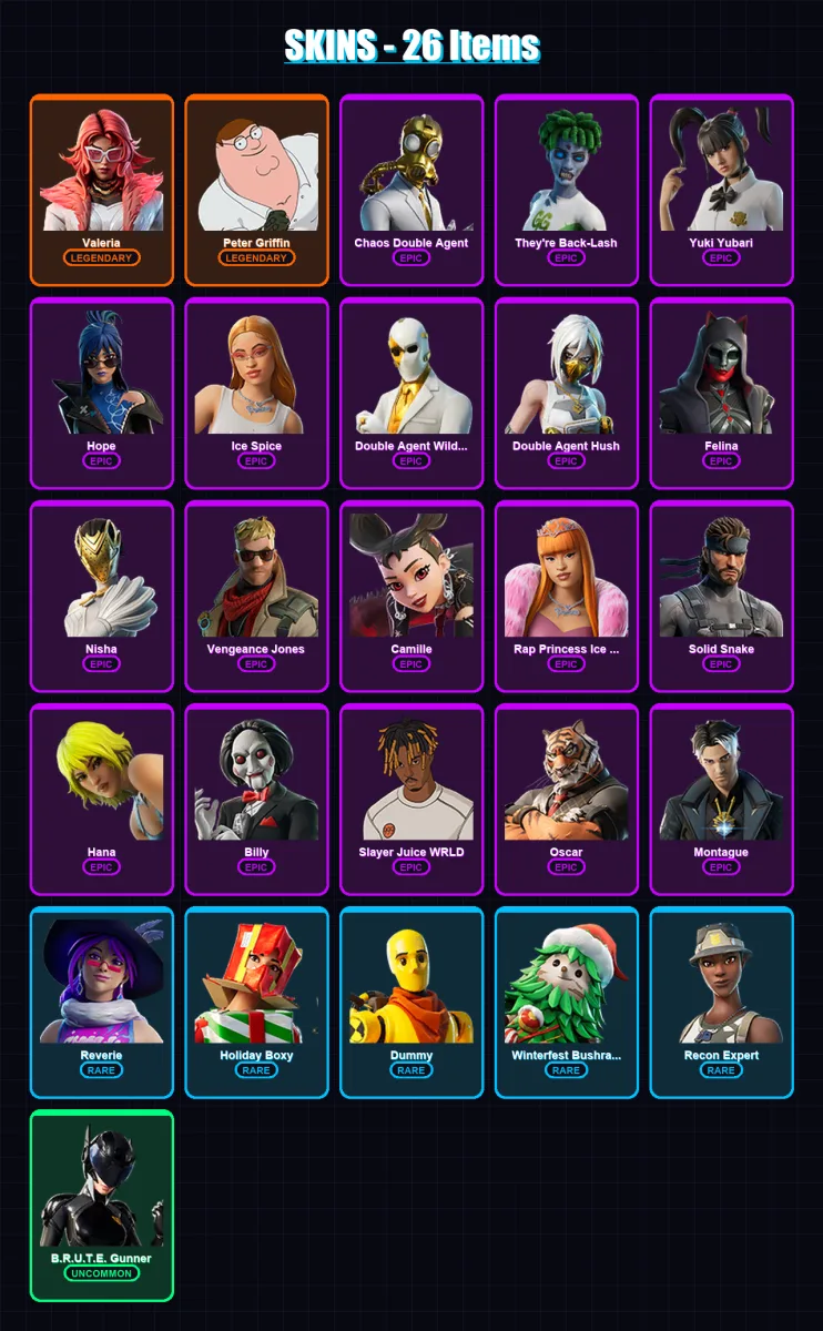 [PC/XBOX/PSN] | Valeria | Peter Griffin | Chaos Double Agent | They're Back-Lash | Yuki Yubari | 26 skin | 39 pickaxe | 23 emote | 28 glider | Lv370