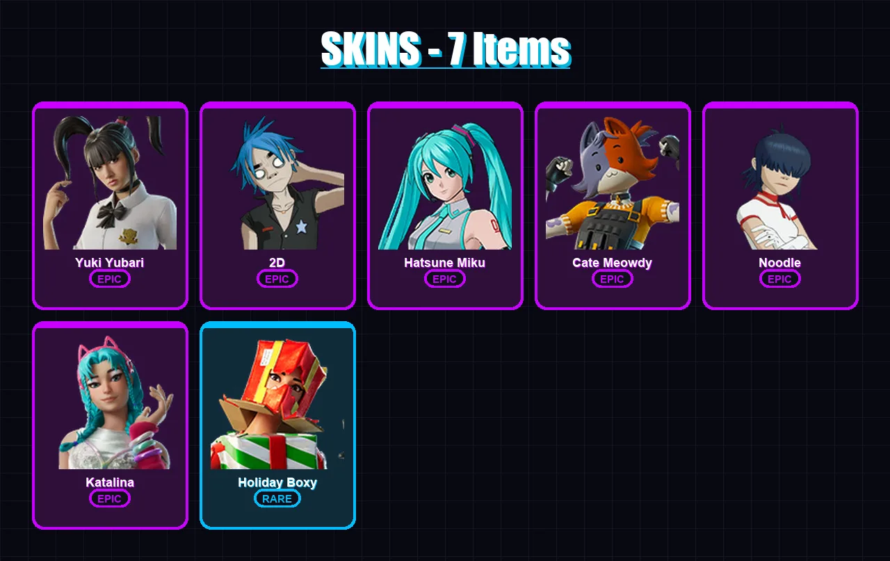 [PC/PSN] | Yuki Yubari | 2D | Hatsune Miku | Cate Meowdy | Noodle | 7 skin | 46 pickaxe | 19 emote | 35 glider | Lv445