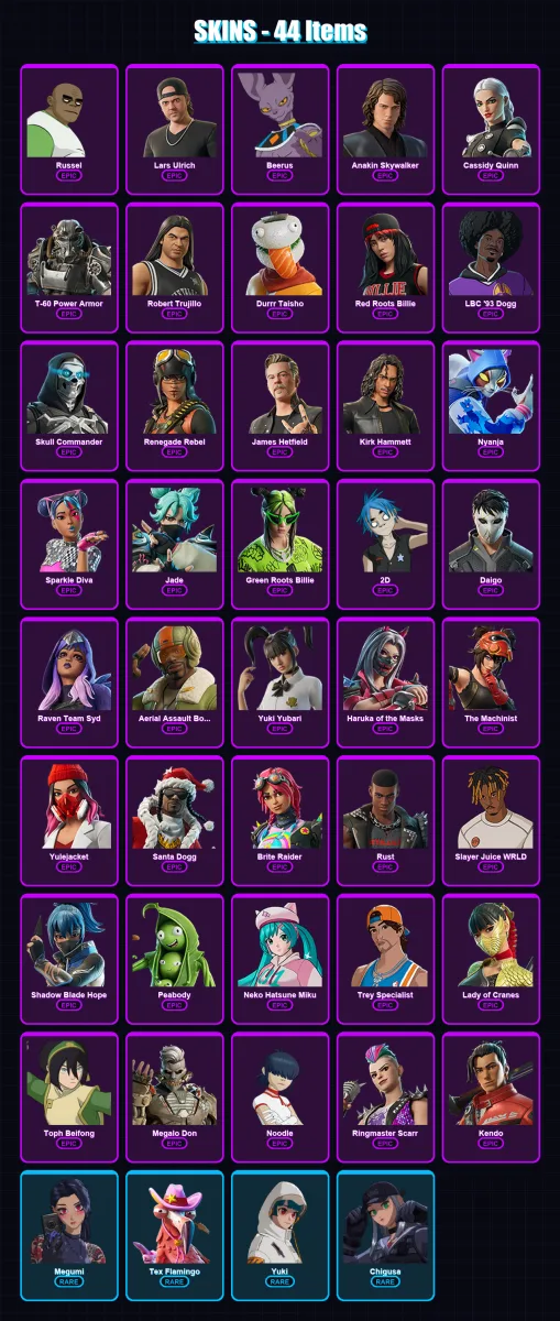 [PC/XBOX/PSN] | Russel | Lars Ulrich | Beerus | Anakin Skywalker | Cassidy Quinn | 44 skin | 70 pickaxe | 48 emote | 39 glider | Lv344