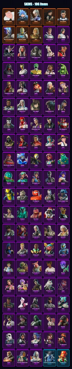 [PS4/PS5/XBOX/PC] | Peter Griffin | Nezumi | Mizuki | Era | The Ageless | 106 skin | 183 pickaxe | 111 emote | 131 glider | Lv1946
