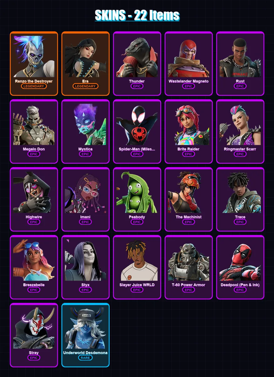 [PC/PSN] | Renzo the Destroyer | Era | Thunder | Wastelander Magneto | Rust | 22 skin | 63 pickaxe | 34 emote | 50 glider | Lv670