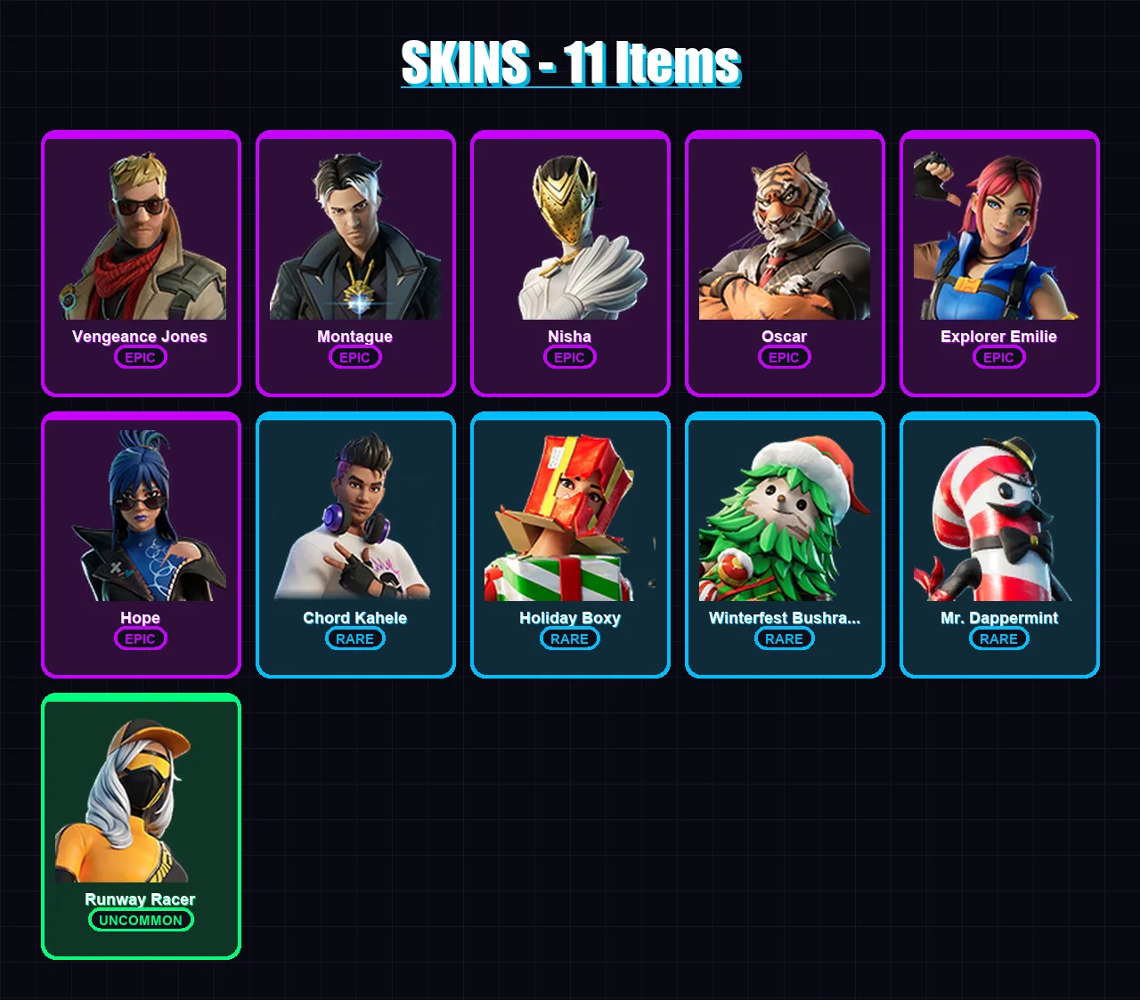 [PC/PSN] | Vengeance Jones | Montague | Nisha | Oscar | Explorer Emilie | 11 skin | 10 pickaxe | 5 emote | 10 glider | Lv87
