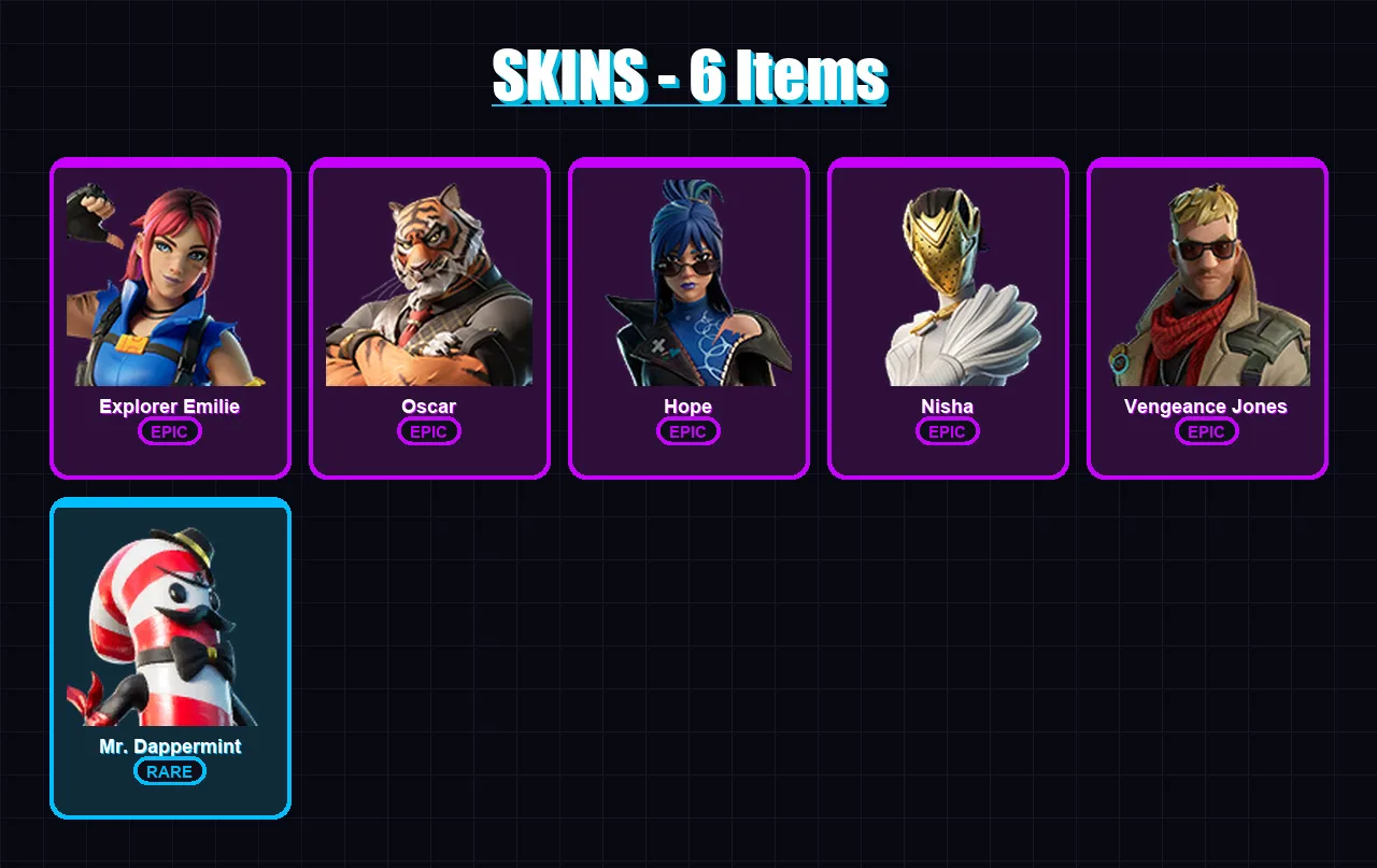 [PC/XBOX/PSN] | Explorer Emilie | Oscar | Hope | Nisha | Vengeance Jones | 6 skin | 6 pickaxe | 3 emote | 6 glider | Lv58