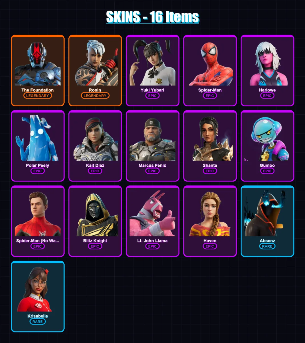 [PS4/PS5/XBOX/PC] | The Foundation | Ronin | Yuki Yubari | Spider-Man | Harlowe | 16 skin | 81 pickaxe | 44 emote | 58 glider | Lv1178