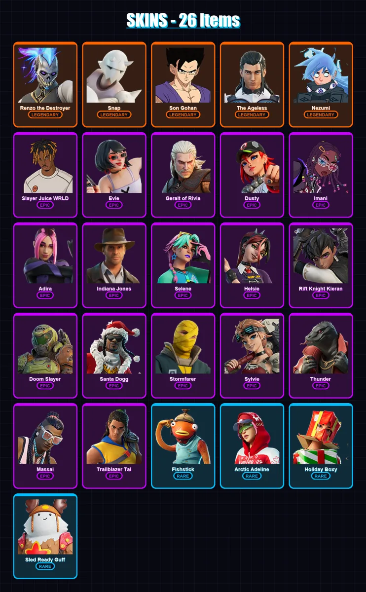 [PC/XBOX/PSN] | Renzo the Destroyer | Snap | Son Gohan | The Ageless | Nezumi | 26 skin | 54 pickaxe | 28 emote | 39 glider | Lv404 — Fortnite account
