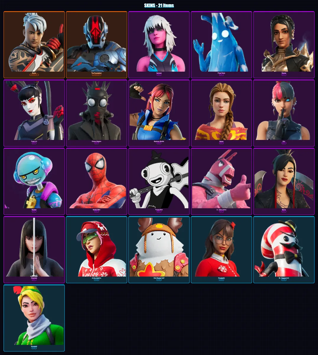 [PC] | Ronin | The Foundation | Harlowe | Polar Peely | Shanta | 21 skin | 20 pickaxe | 15 emote | 21 glider | Lv224