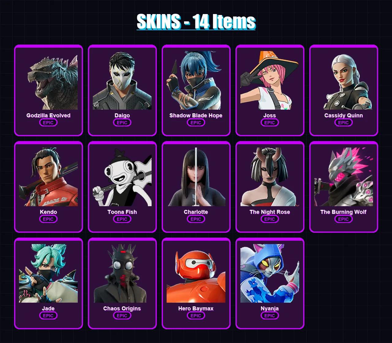 [PC/XBOX/PSN] | Godzilla Evolved | Daigo | Shadow Blade Hope | Joss | Cassidy Quinn | 14 skin | 23 pickaxe | 16 emote | 16 glider | Lv216