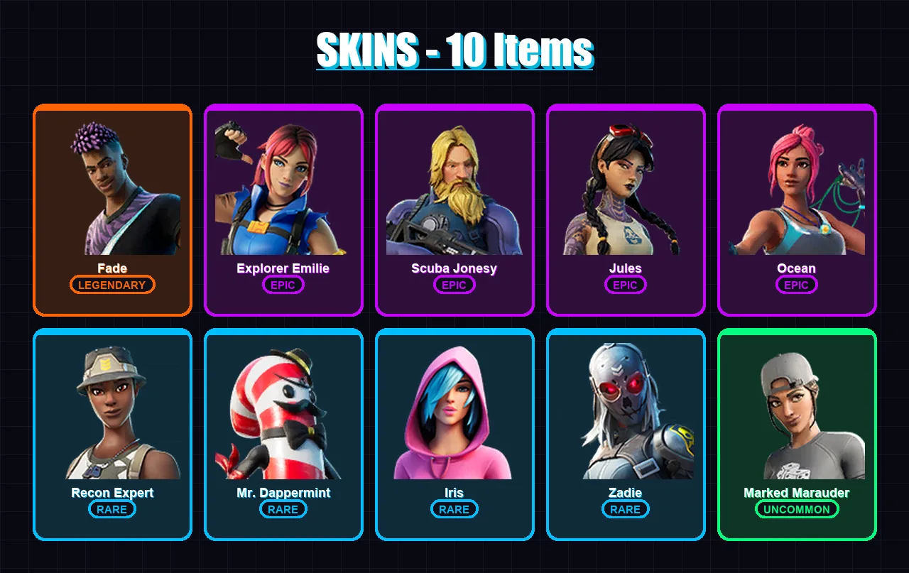 [PC/PSN] | Fade | Explorer Emilie | Scuba Jonesy | Jules | Ocean | 10 skin | 12 pickaxe | 13 emote | 12 glider | Lv194