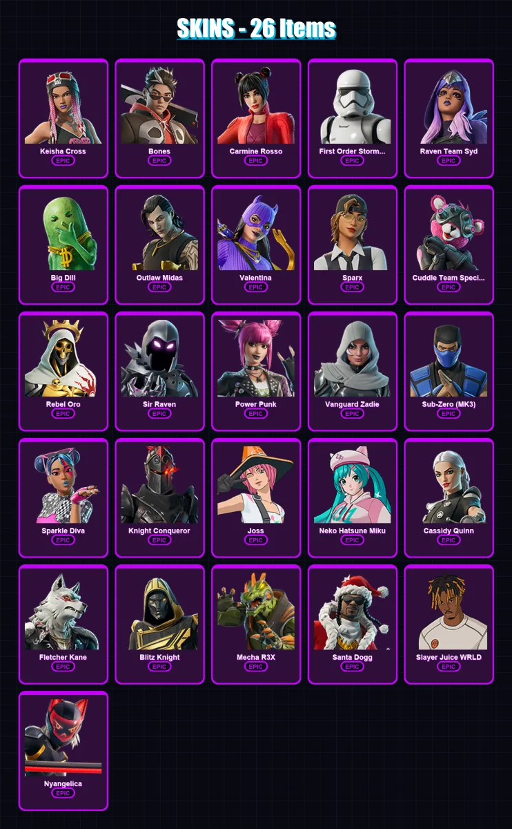 [PC/XBOX/PSN] | Keisha Cross | Bones | Carmine Rosso | First Order Stormtrooper | Raven Team Syd | 26 skin | 51 pickaxe | 36 emote | 35 glider | Lv4