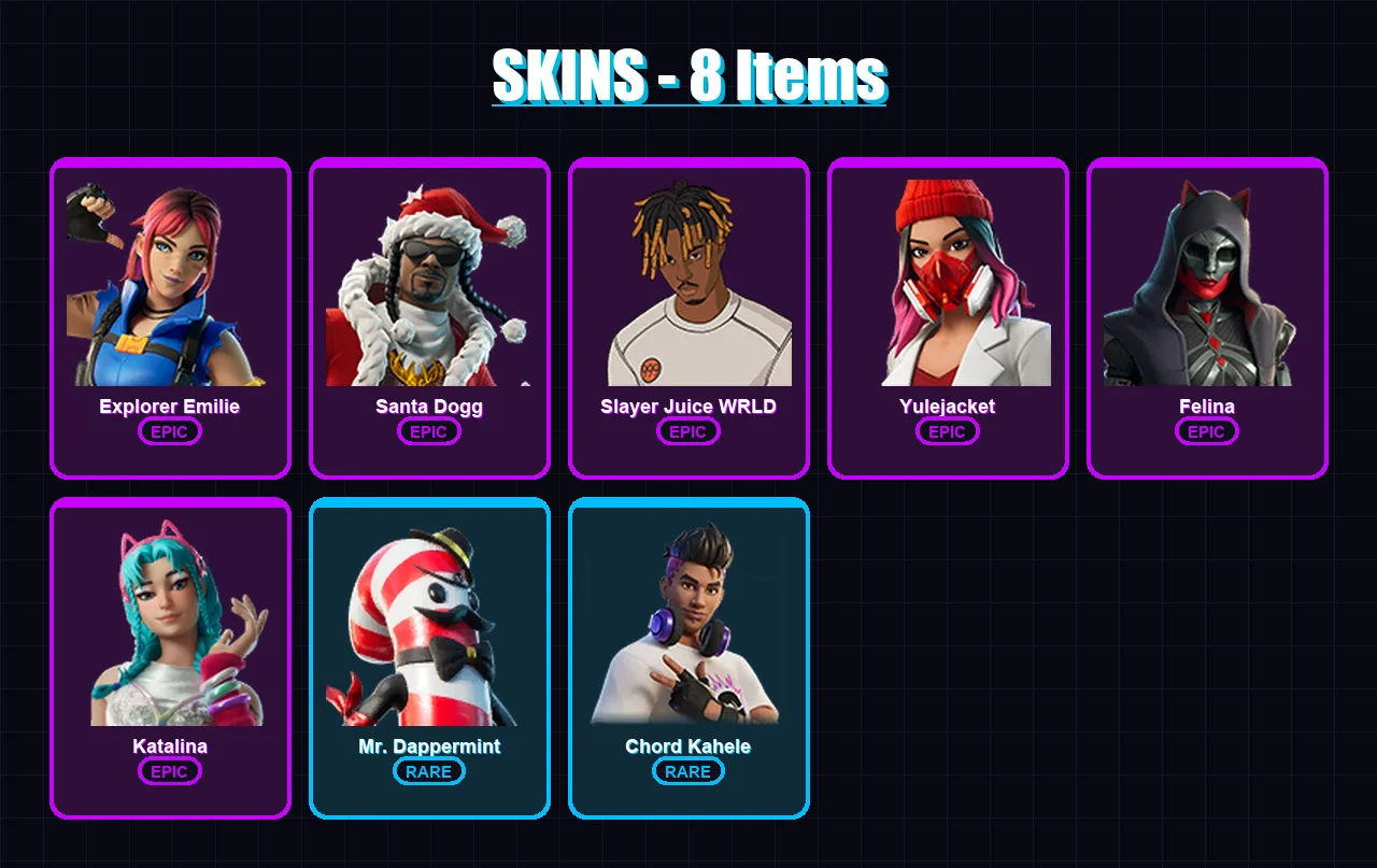 [PC/PSN] | Explorer Emilie | Santa Dogg | Slayer Juice WRLD | Yulejacket | Felina | 8 skin | 26 pickaxe | 9 emote | 19 glider | Lv265