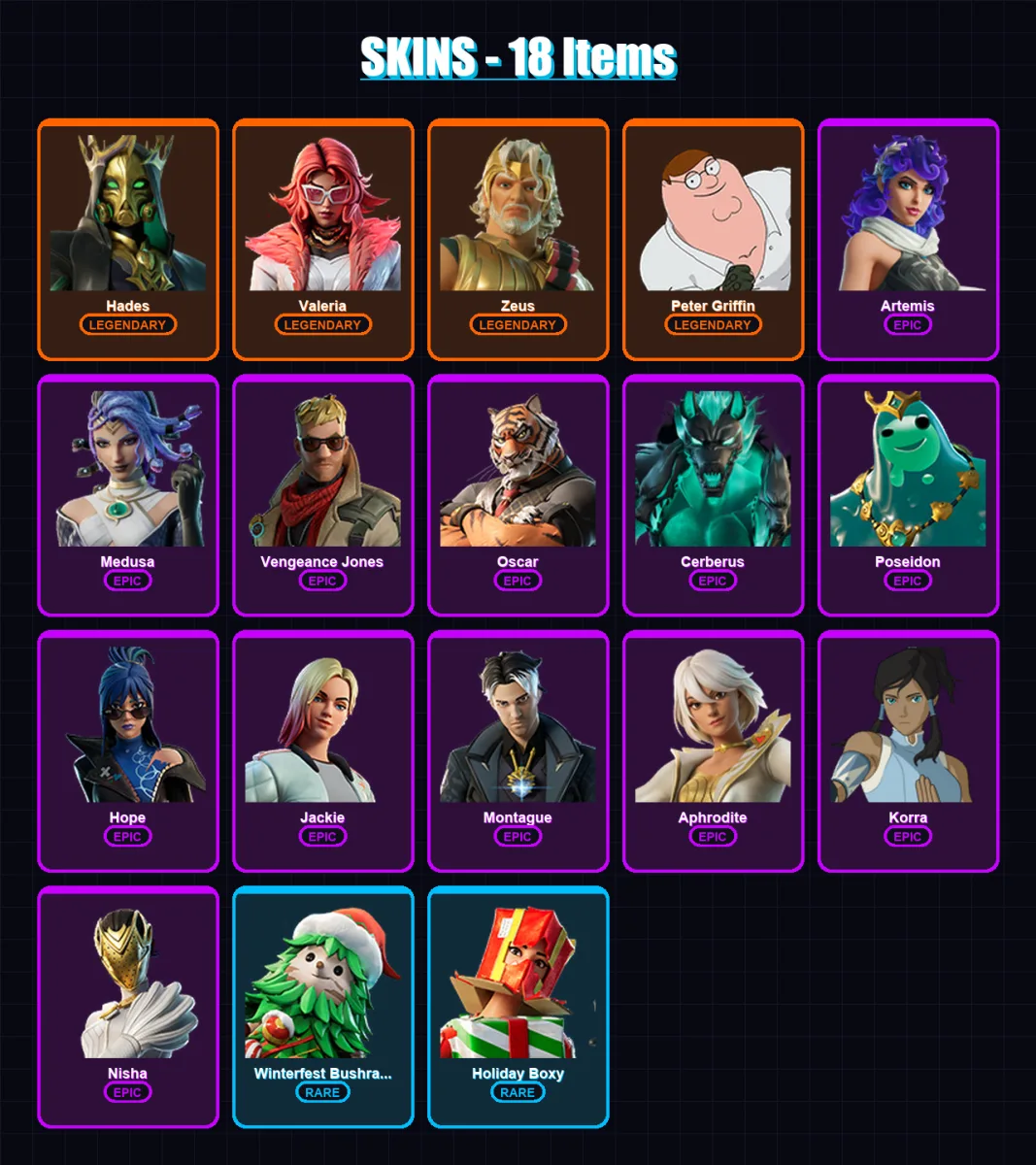 [PC/XBOX/PSN] | Hades | Valeria | Zeus | Peter Griffin | Artemis | 18 skin | 29 pickaxe | 26 emote | 28 glider | Lv565