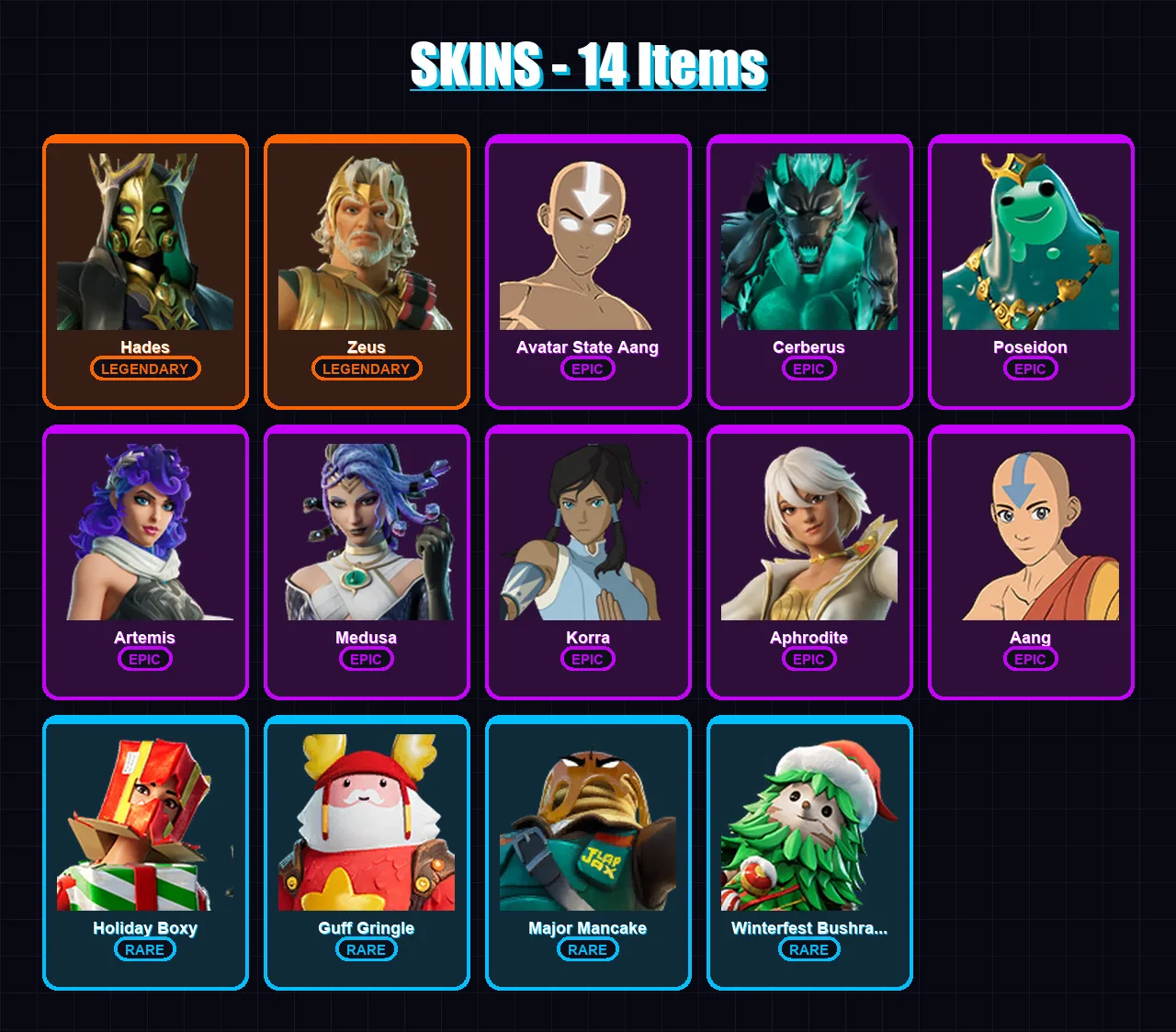 [PC/XBOX/PSN] | Hades | Zeus | Avatar State Aang | Cerberus | Poseidon | 14 skin | 35 pickaxe | 20 emote | 28 glider | Lv418