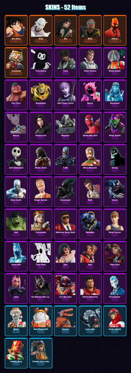 [PS4/PS5/PC] | Son Goku | Snap | Era | Malik | Inferno | 52 skin | 49 pickaxe | 30 emote | 29 glider | Lv260