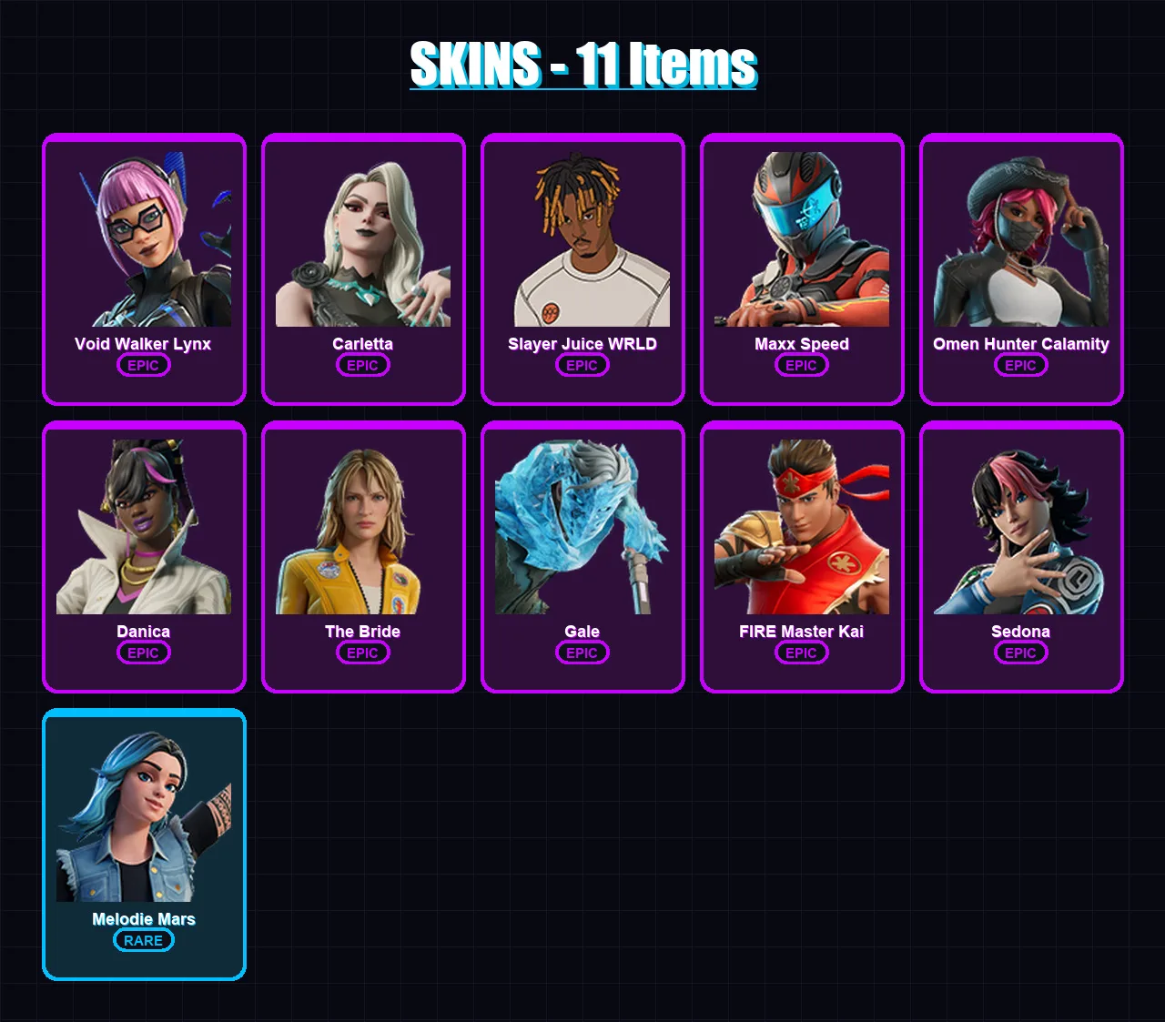 [PC/PSN] | Void Walker Lynx | Carletta | Slayer Juice WRLD | Maxx Speed | Omen Hunter Calamity | 11 skin | 5 pickaxe | 3 emote | 1 glider | Lv11