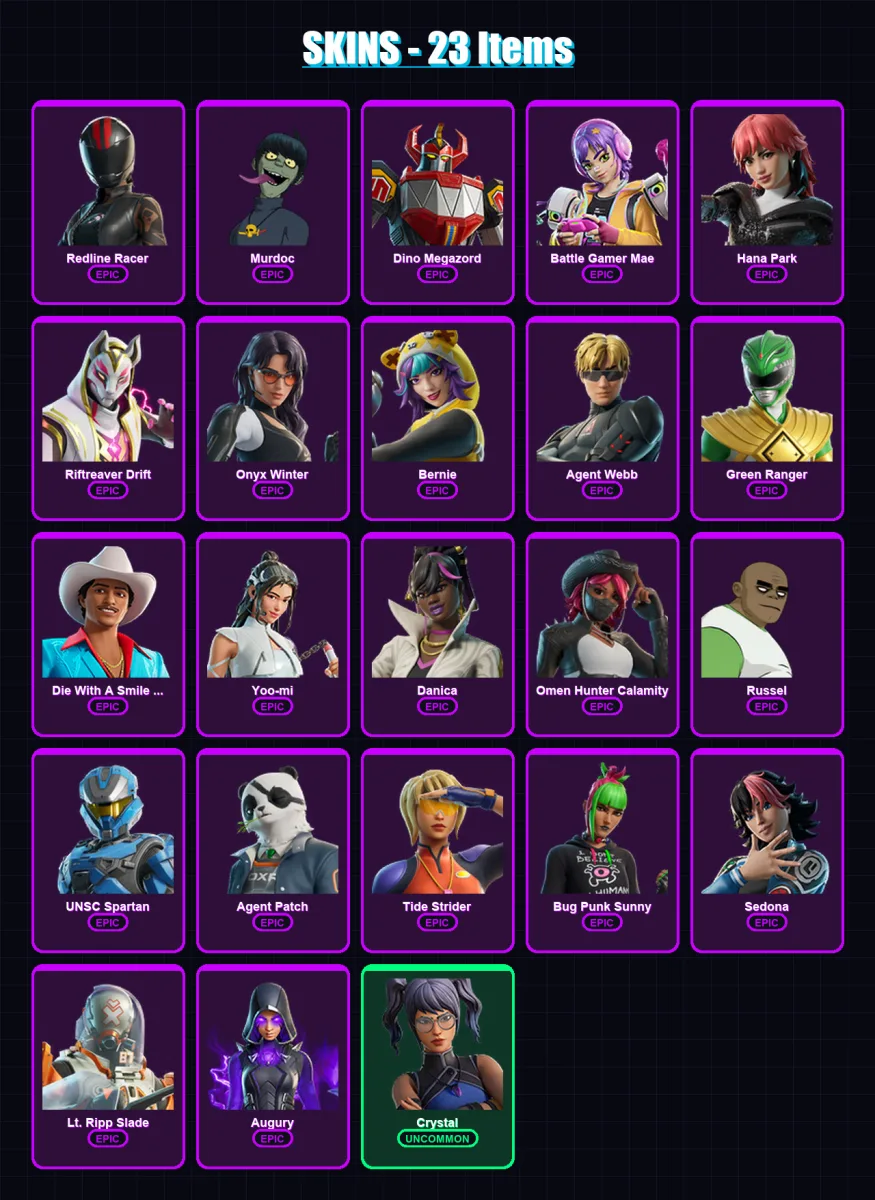 [PC/XBOX/PSN] | Redline Racer | Murdoc | Dino Megazord | Battle Gamer Mae | Hana Park | 23 skin | 43 pickaxe | 32 emote | 19 glider | Lv367 — Fortnite account