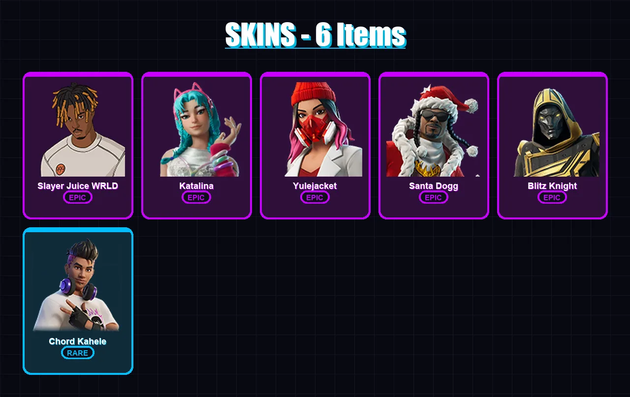 [PC/XBOX/PSN] | Slayer Juice WRLD | Katalina | Yulejacket | Santa Dogg | Blitz Knight | 6 skin | 16 pickaxe | 8 emote | 7 glider | Lv77