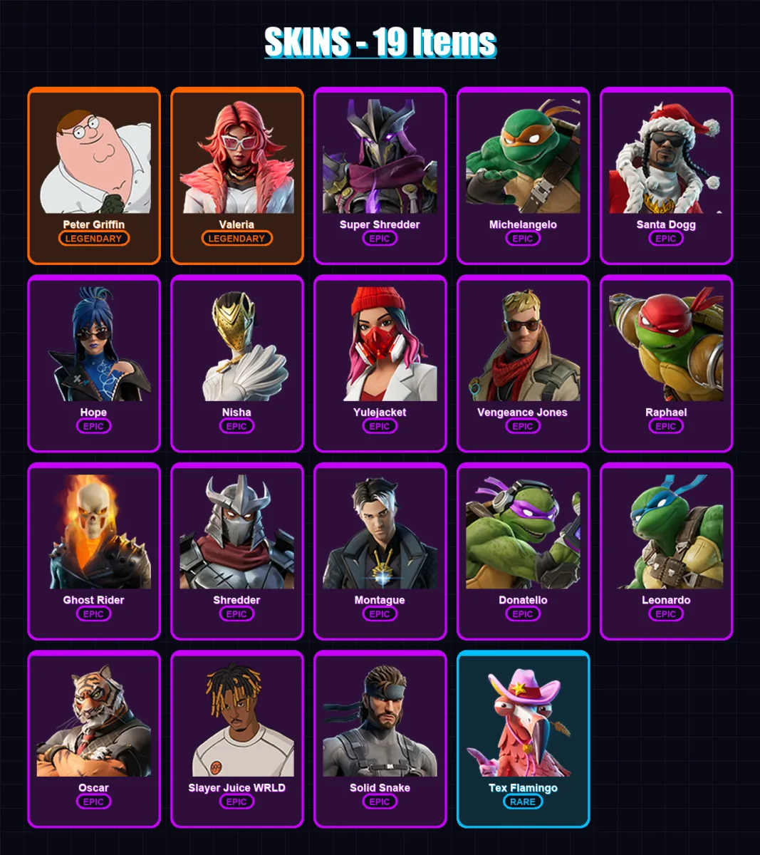 [PS4/PS5/XBOX/PC] | Peter Griffin | Valeria | Super Shredder | Michelangelo | Santa Dogg | 19 skin | 24 pickaxe | 17 emote | 15 glider | Lv186