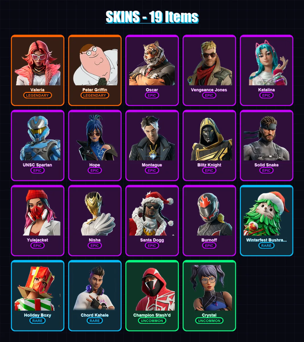 [PC/PSN] | Valeria | Peter Griffin | Oscar | Vengeance Jones | Katalina | 19 skin | 47 pickaxe | 25 emote | 33 glider | Lv695