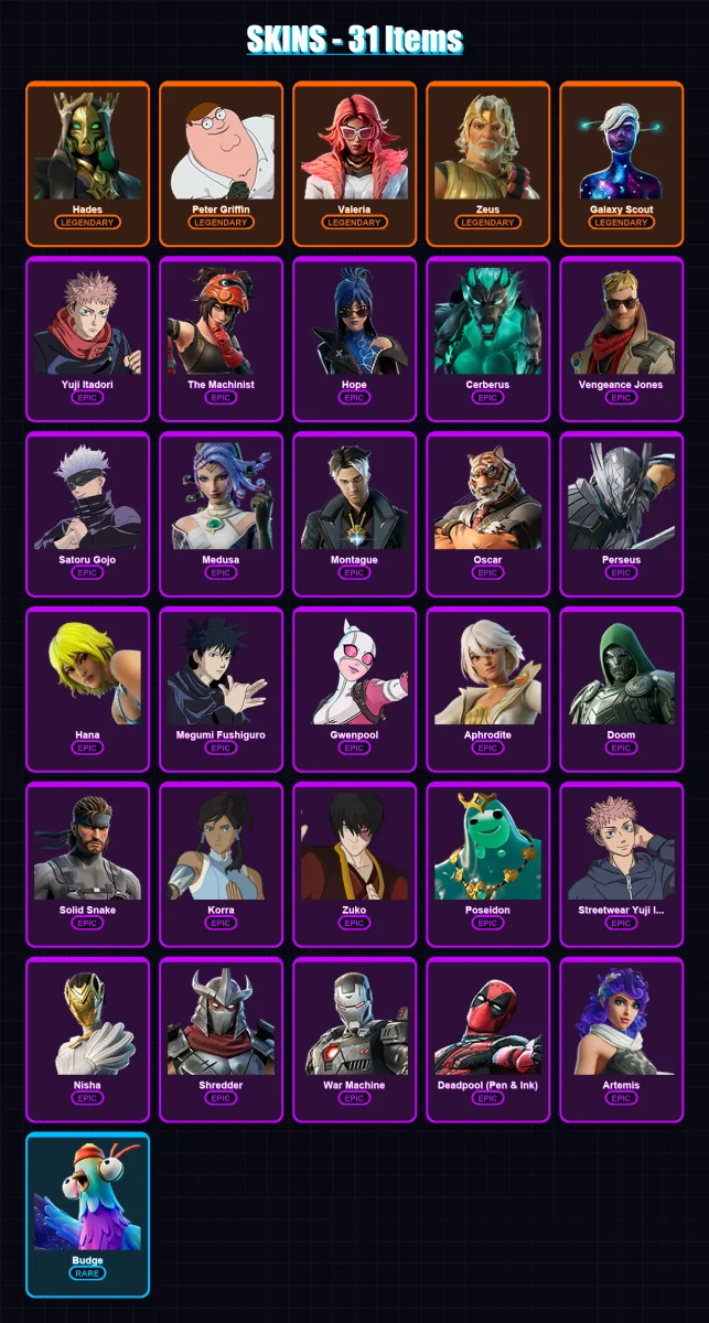 [PC/XBOX/PSN] | Hades | Peter Griffin | Valeria | Zeus | Galaxy Scout | 31 skin | 29 pickaxe | 28 emote | 23 glider | Lv238