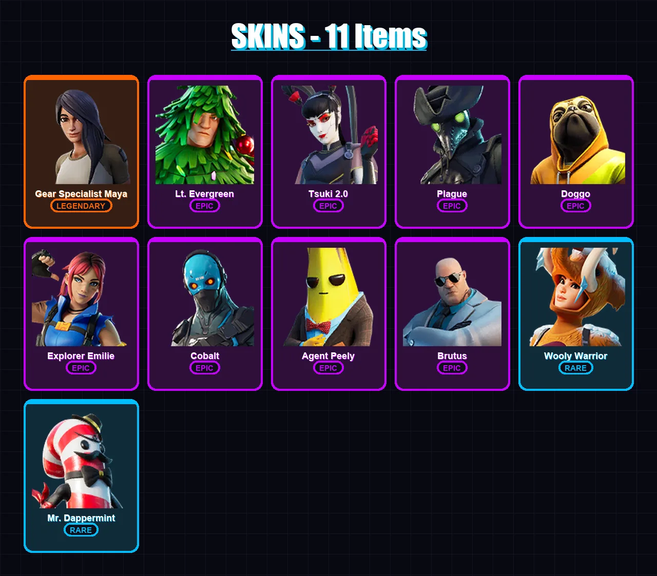 [PC/XBOX/PSN] | Gear Specialist Maya | Lt. Evergreen | Tsuki 2.0 | Plague | Doggo | 11 skin | 10 pickaxe | 10 emote | 18 glider | Lv193