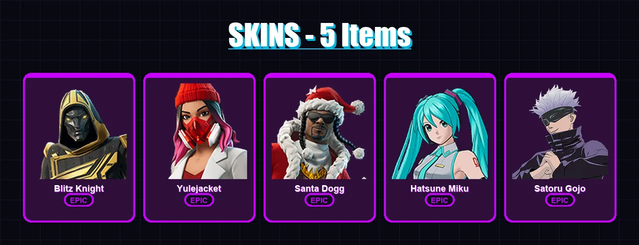 [PC/XBOX/PSN] | Blitz Knight | Yulejacket | Santa Dogg | Hatsune Miku | Satoru Gojo | 5 skin | 34 pickaxe | 16 emote | 17 glider | Lv230